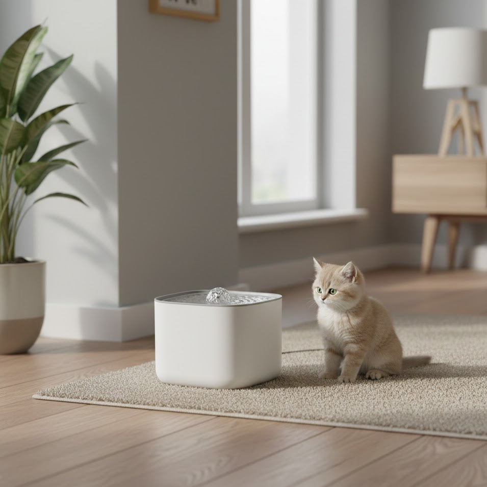 Fontaine automatique de couleur blanche avec un chaton beige