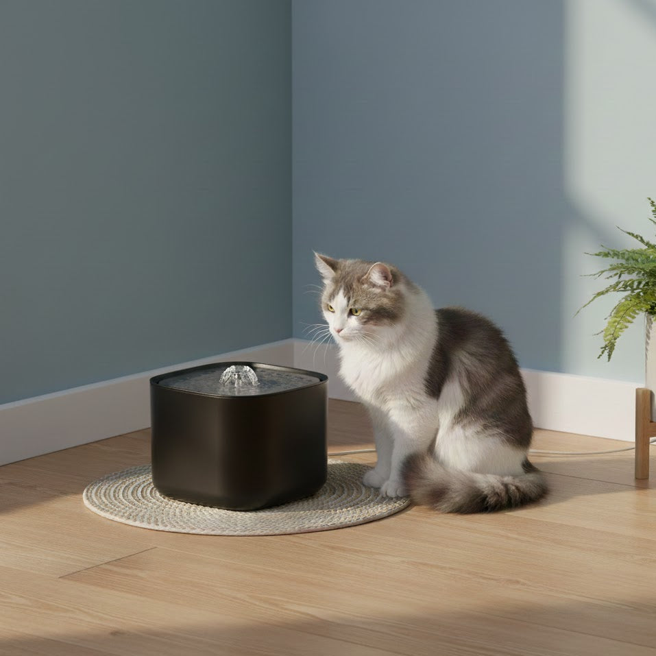 Fontaine automatique de couleur noire dans un salon avec un chat gris et blanc