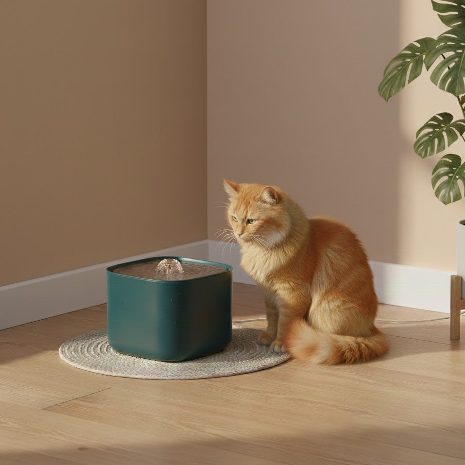 Fontaine automatique de couleur verte dans un salon avec un chat roux
