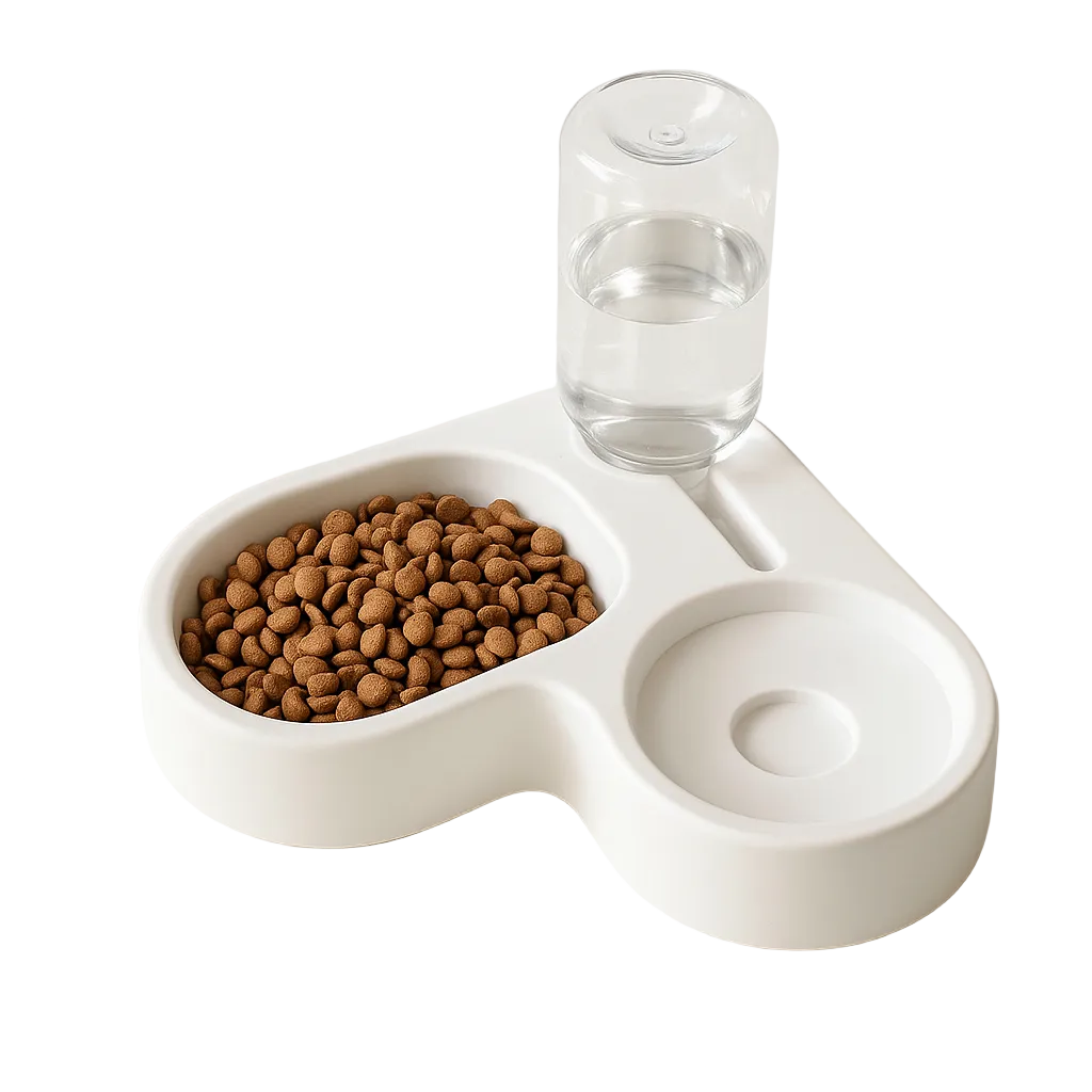 Fontaine et gamelle pour chat avec croquettes