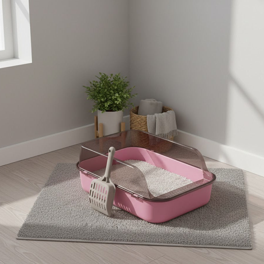 Litière pour chat rose dans un salon
