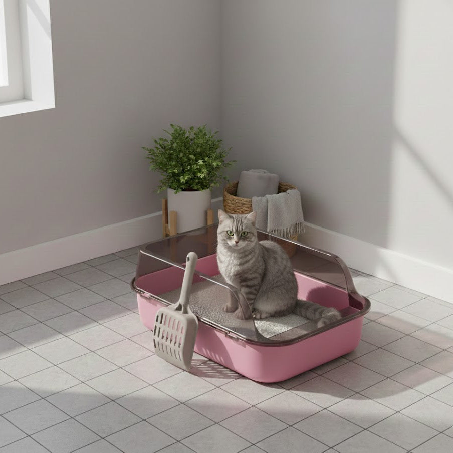 Litière pour chat rose avec un chat gris et blanc dans une salle de bain