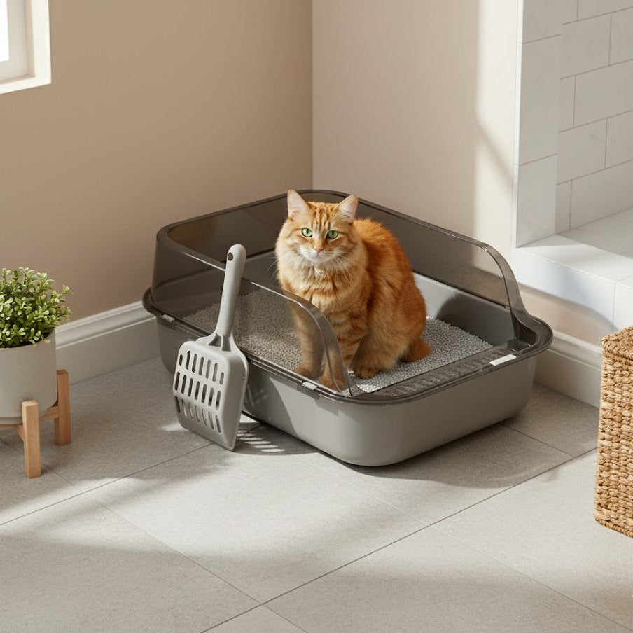 Litière pour chat grise avec un chat roux dans une salle de bain