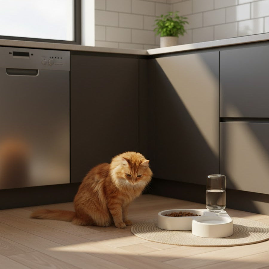 Fontaine et gamelle pour chat avec croquettes dans une cuisine avec un chat roux