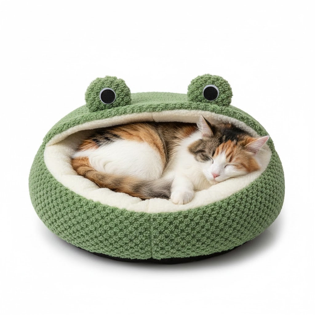 niche pour chat en forme de grenouille avec un chat allongé dedans
