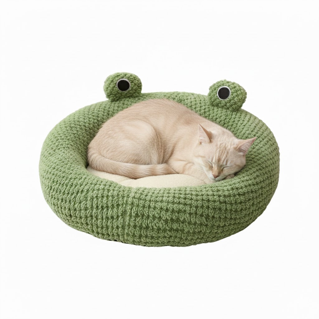 niche pour chat en forme de grenouille avec un chat allongé dessus