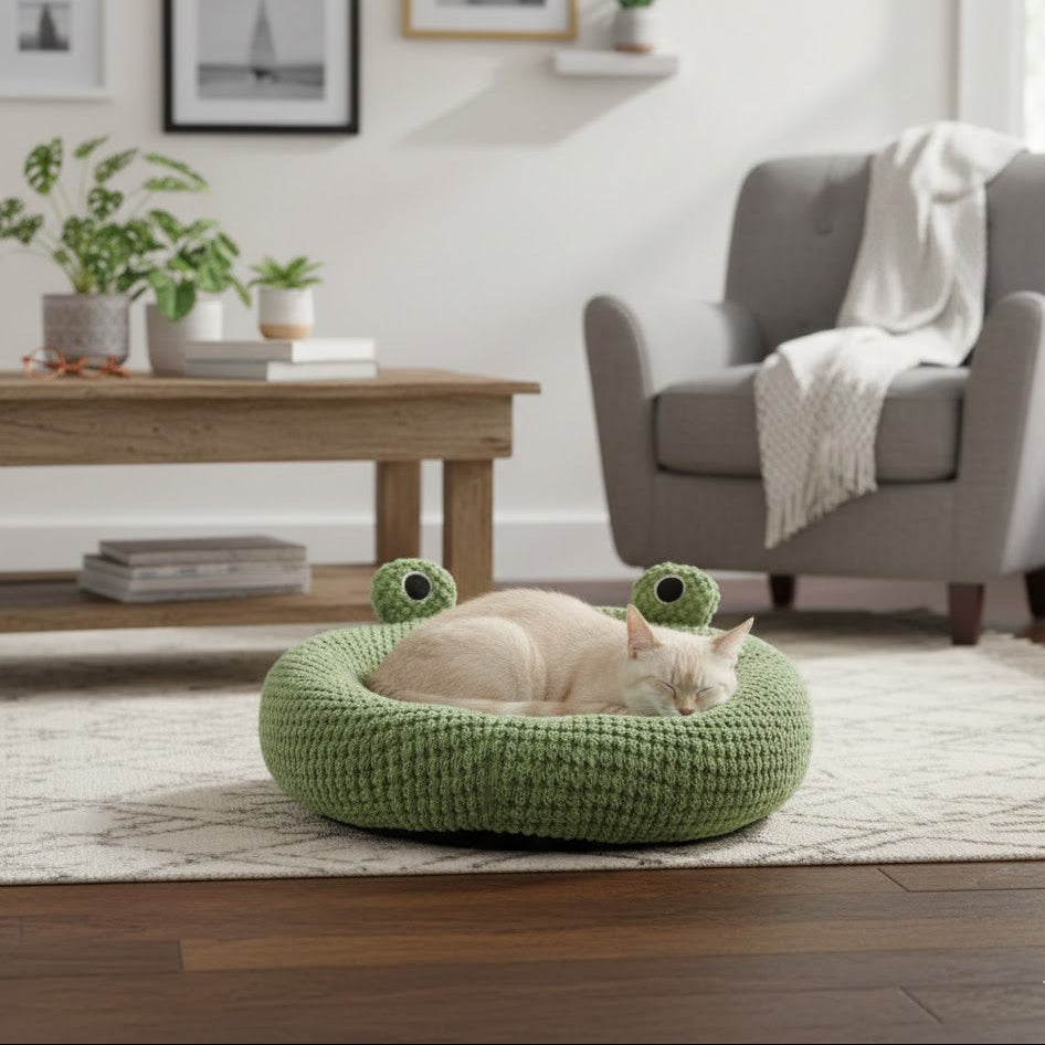 niche pour chat avec des oreilles de grenouille et un chat beige allongé dessus dans un salon