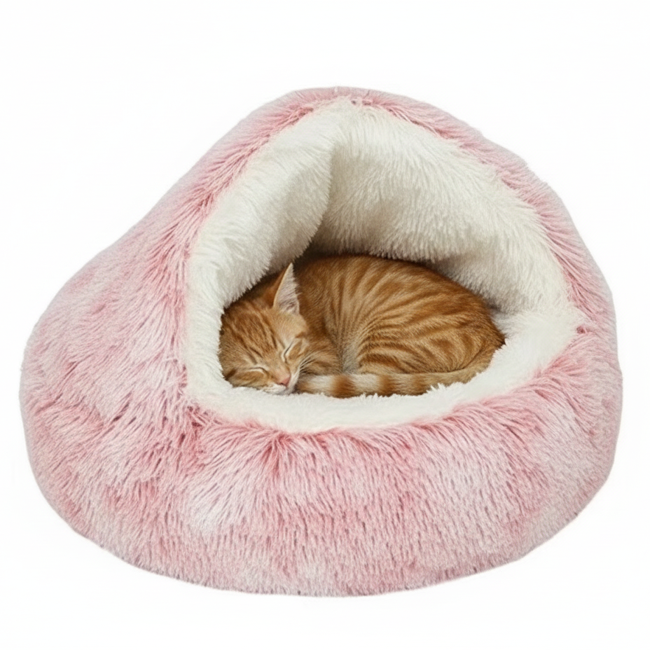 Niche pour chat rose avec chat roux
