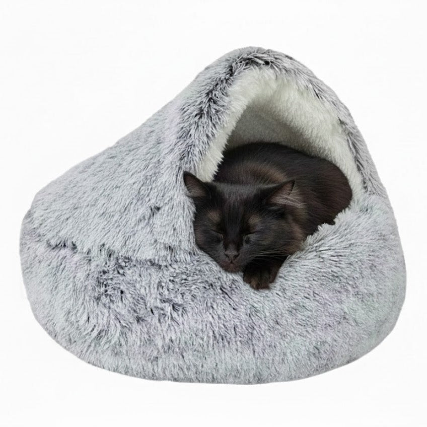 Niche pour chat grise avec chat noir à l'intérieur