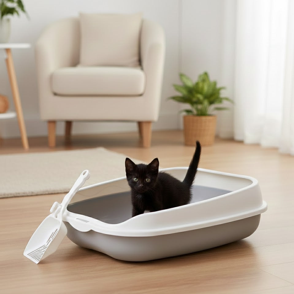 litière pour chat grise et blanche avec un chat noir dedans