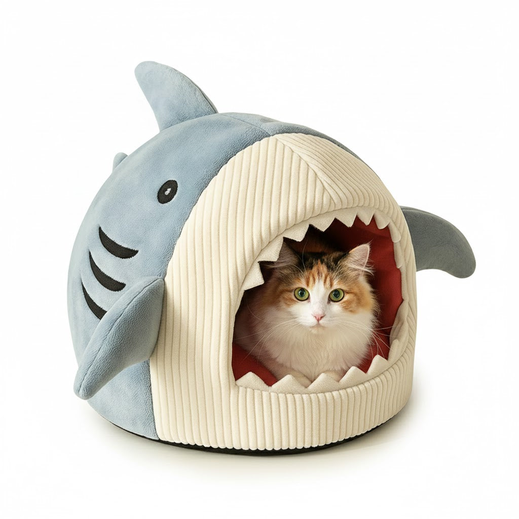 Niche pour chat en forme de requin bleu avec un chat à l'intérieur