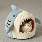 Niche pour chat en forme de requin bleu avec un chat à l'intérieur
