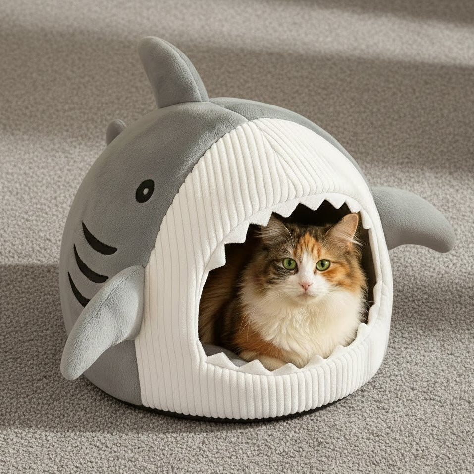 Niche pour chat en forme de requin gris avec un chat à l'intérieur