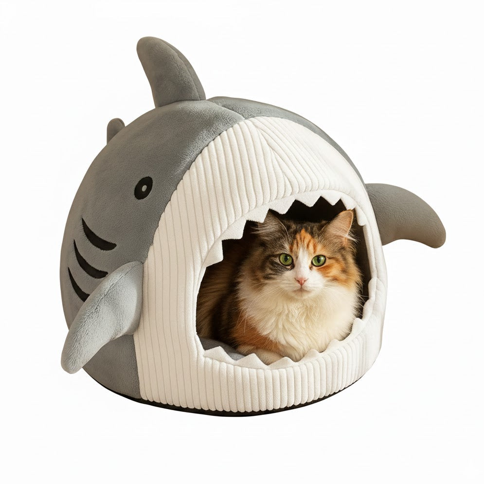 Niche pour chat en forme de requin gris avec un chat à l'intérieur