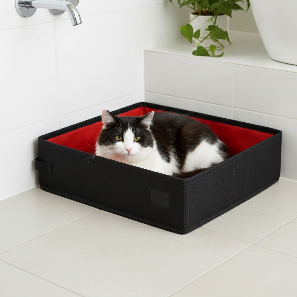 Litière pour chat pliable et transportable de couleur rouge et noire