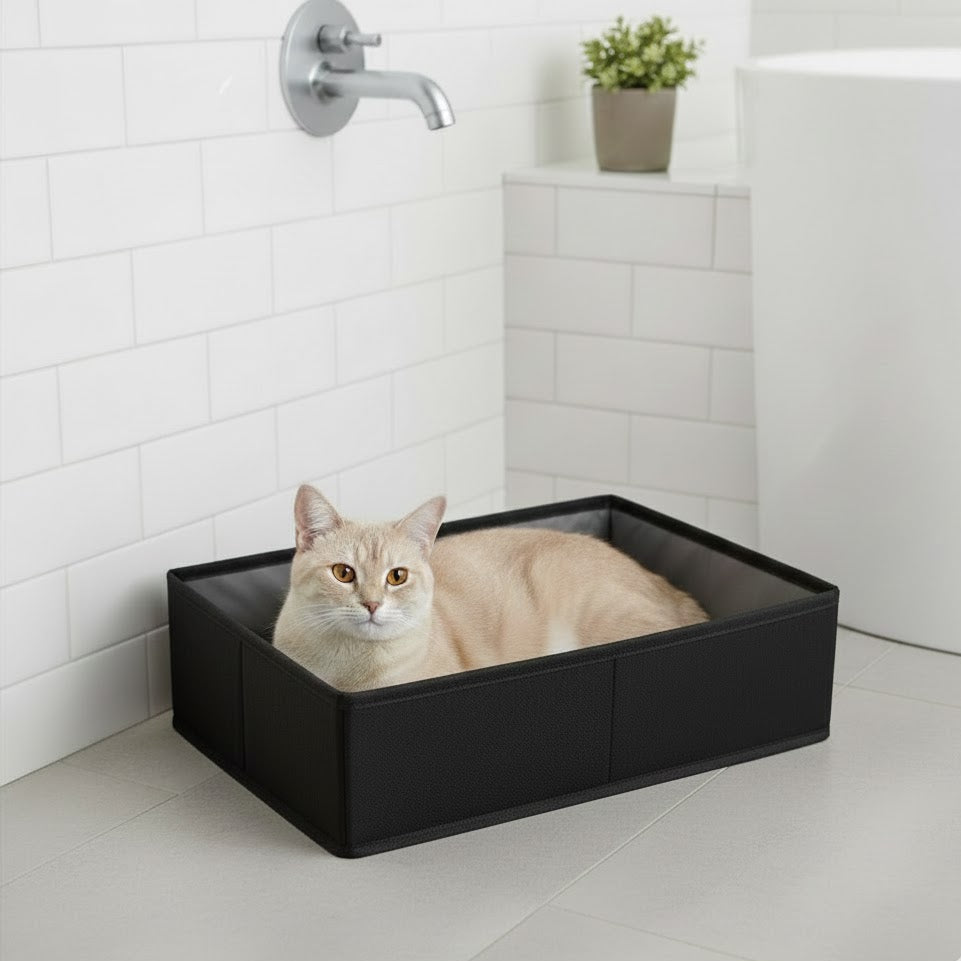Litière pour chat pliable et transportable de couleur noire et grise avec un chat beige