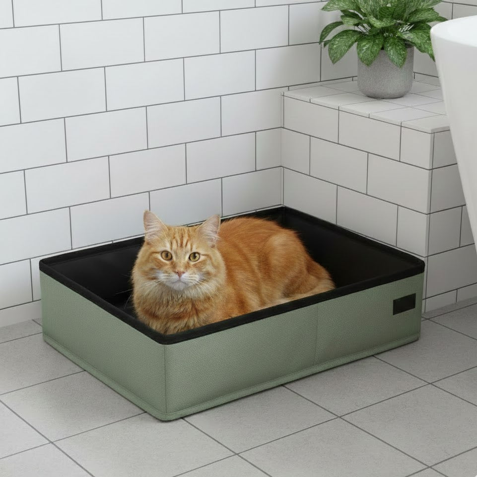 Litière pour chat pliable et transportable de couleur noire et verte avec un chat roux