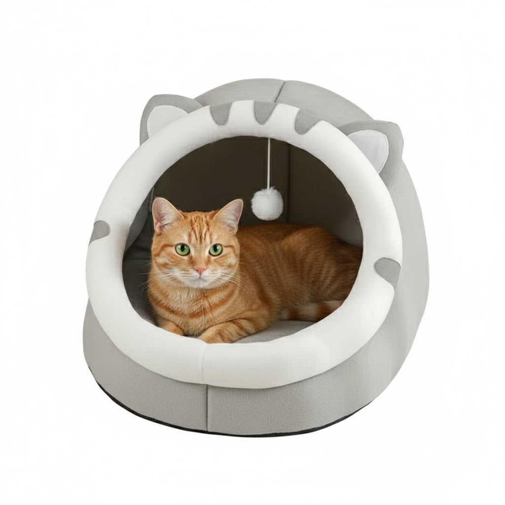 Niche pour chat zen grise avec un chat et sur fond blanc