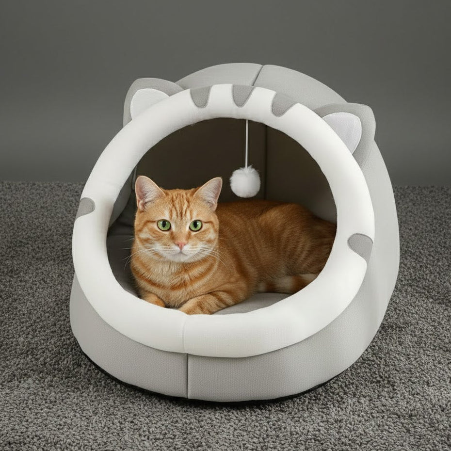 Niche pour chat zen grise avec un chat et sur un tapis