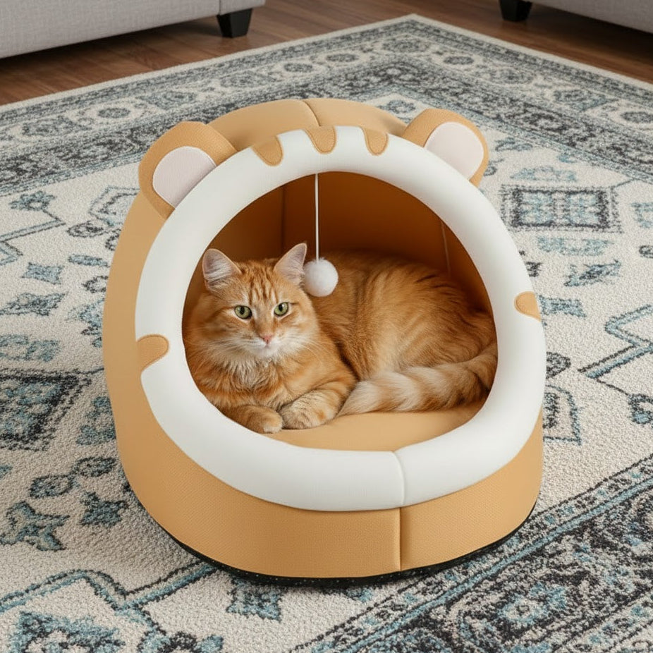 Niche pour chat zen orange avec un chat et un tapis en fond