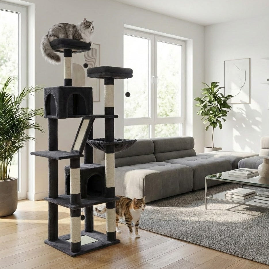 arbre à chat xxl gris foncé dans une maison moderne