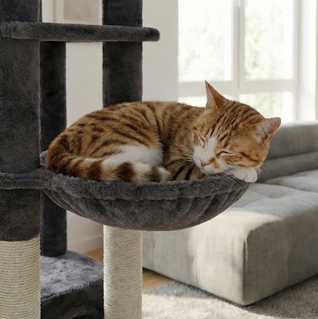 zoom sur le hamac de l'arbre à chat univers avec un chat à rayures