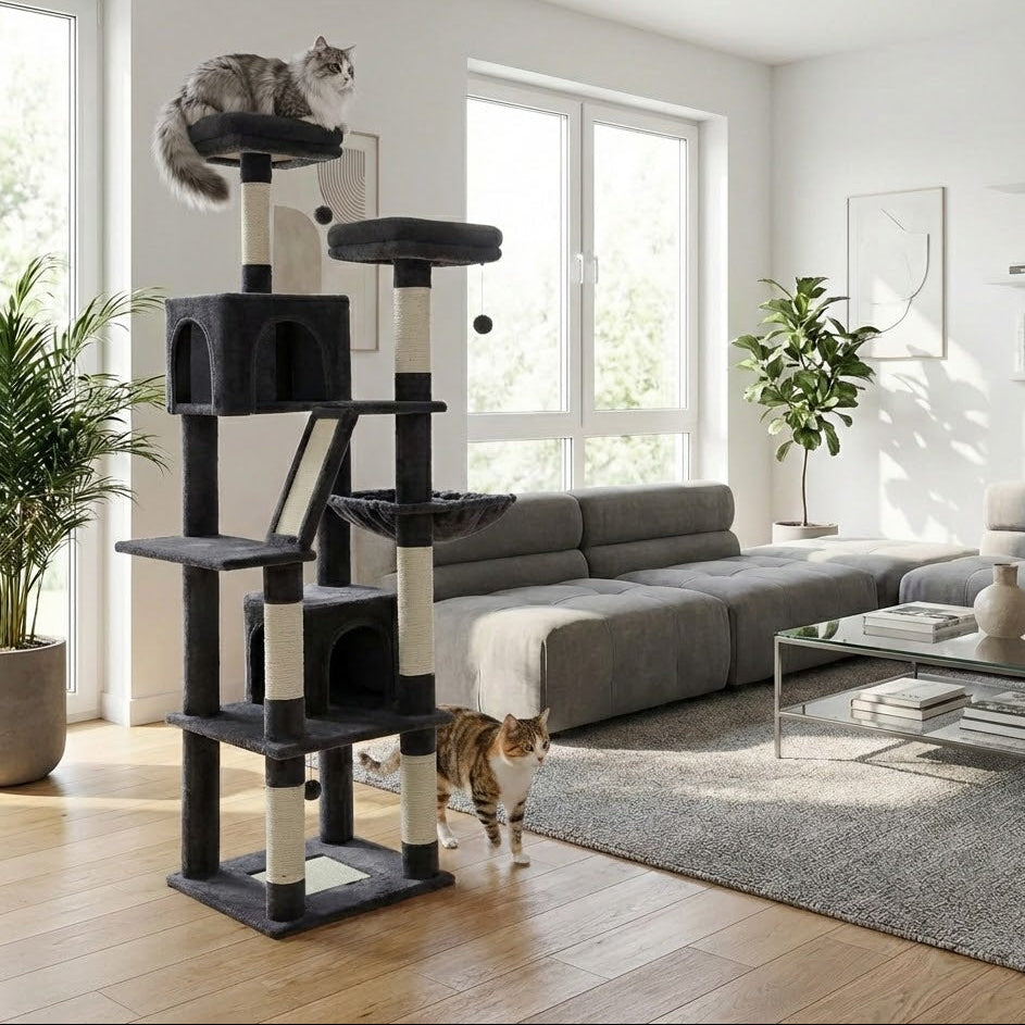deux chats autour de l'arbre à chat moderne univers