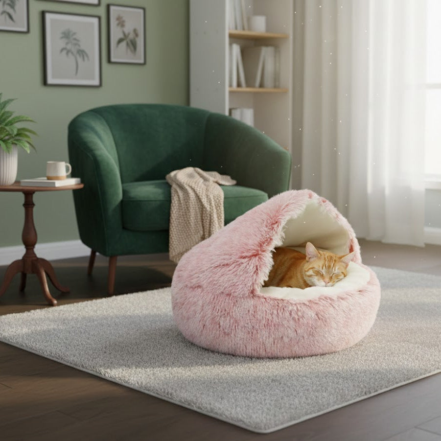 Niche doudou rose avec un chat roux dans un salon